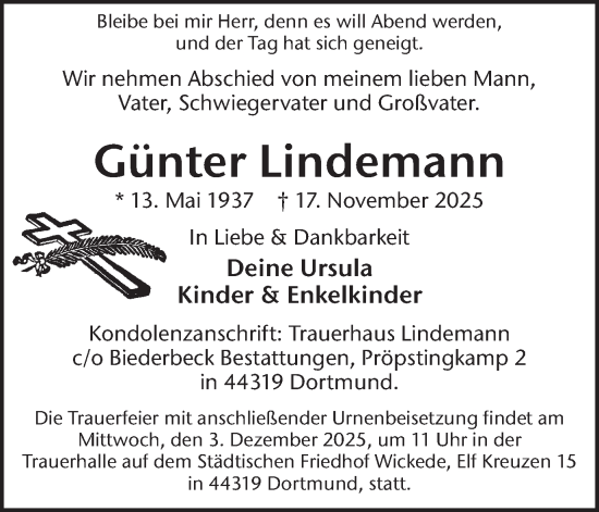 Traueranzeige von Günter Lindemann von Ruhr Nachrichten