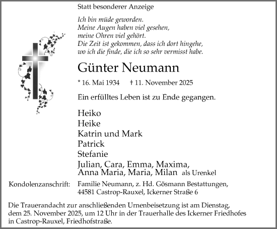Traueranzeige von Günter Neumann von Stadtanzeiger Castrop-Rauxel