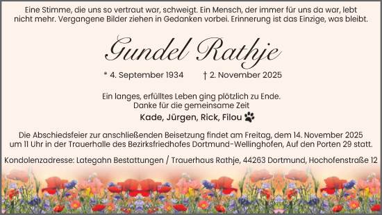 Traueranzeige von Gundel Rathje von Ruhr Nachrichten
