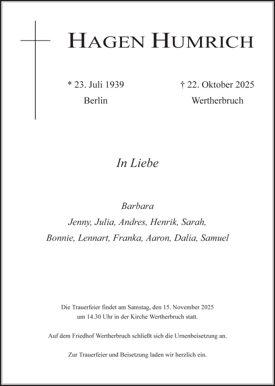 Traueranzeige von Hagen Humrich 