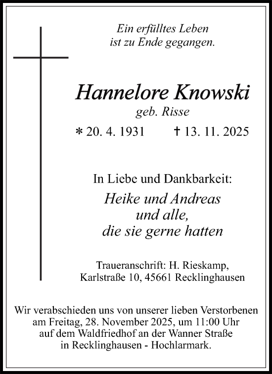 Traueranzeige von Hannelore Knowski von Trauer Vest