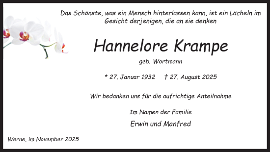Traueranzeige von Hannelore Krampe von Ruhr Nachrichten