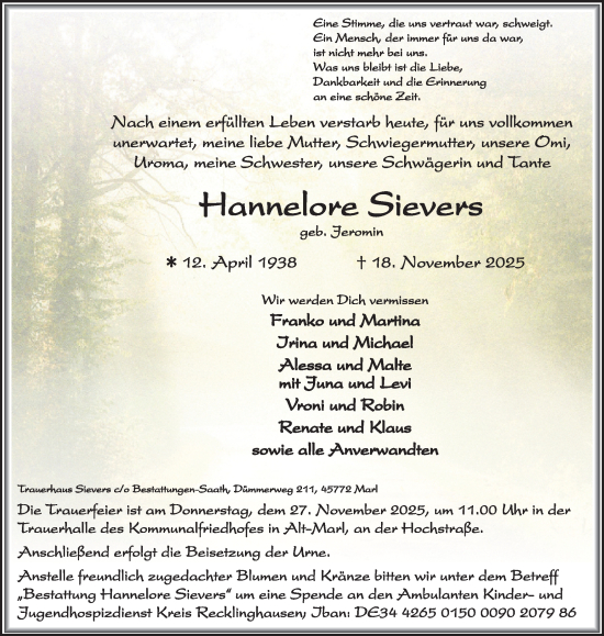 Traueranzeige von Hannelore Sievers von Trauer Vest