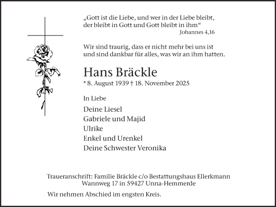Traueranzeige von Hans Bräckle von Hellweger Anzeiger