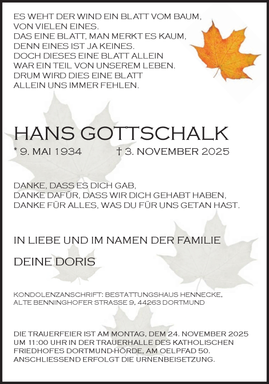 Traueranzeige von Hans Gottschalk von Ruhr Nachrichten