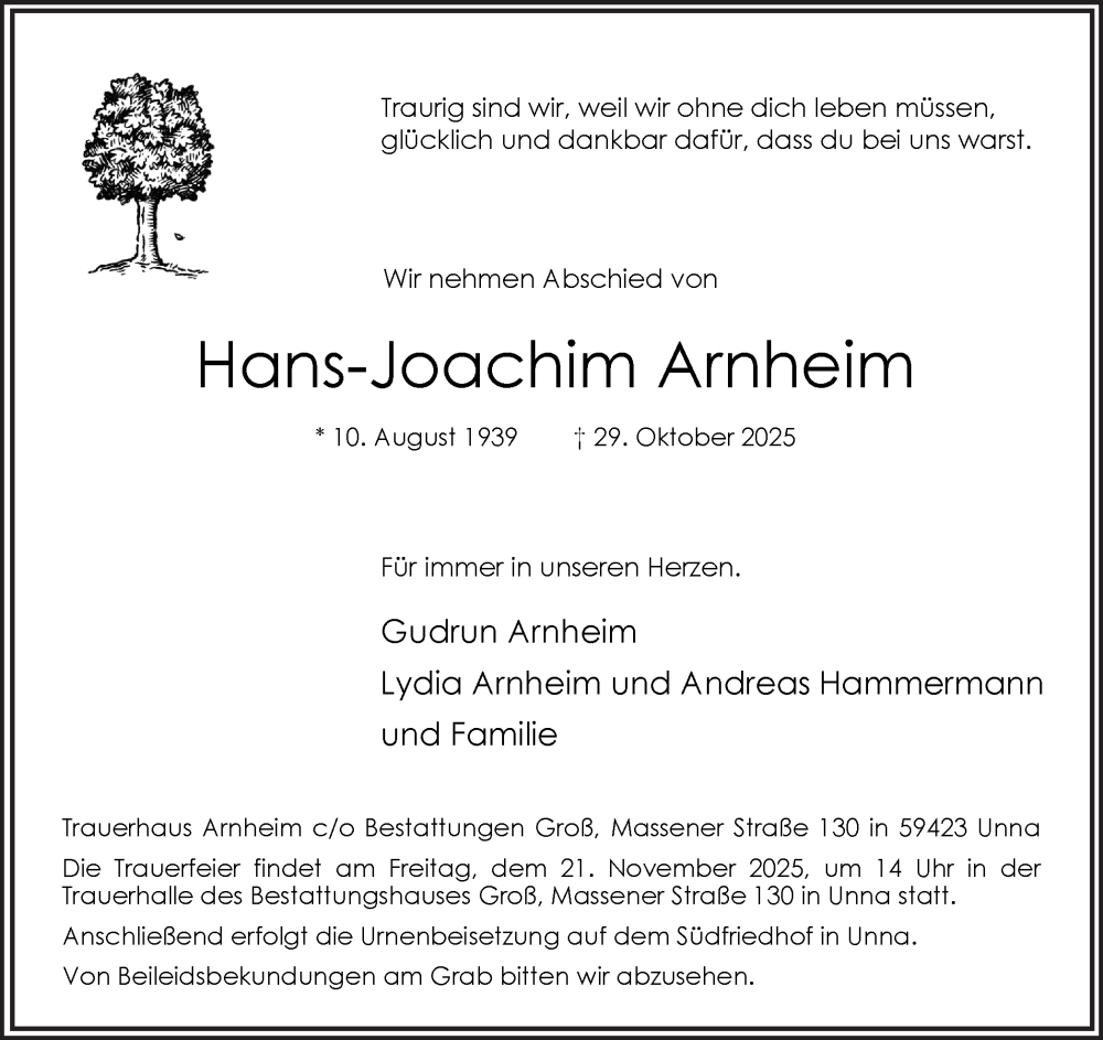  Traueranzeige für Hans-Joachim Arnheim vom 08.11.2025 aus Hellweger Anzeiger