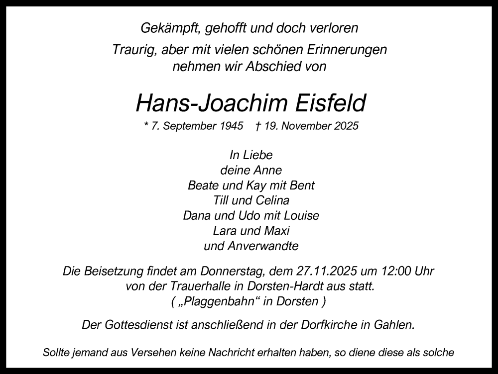 Traueranzeige für Hans-Joachim Eisfeld vom 22.11.2025 aus Ruhr Nachrichten und Dorstener Zeitung