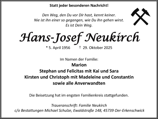 Traueranzeige von Hans-Josef Neukirch von Trauer Vest
