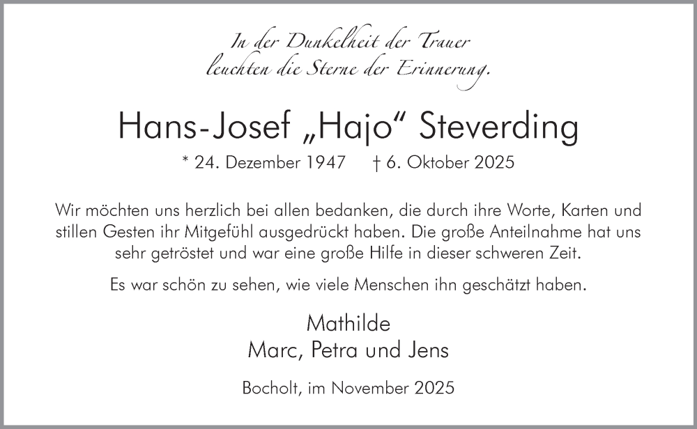  Traueranzeige für Hans-Josef Steverding vom 08.11.2025 aus 
