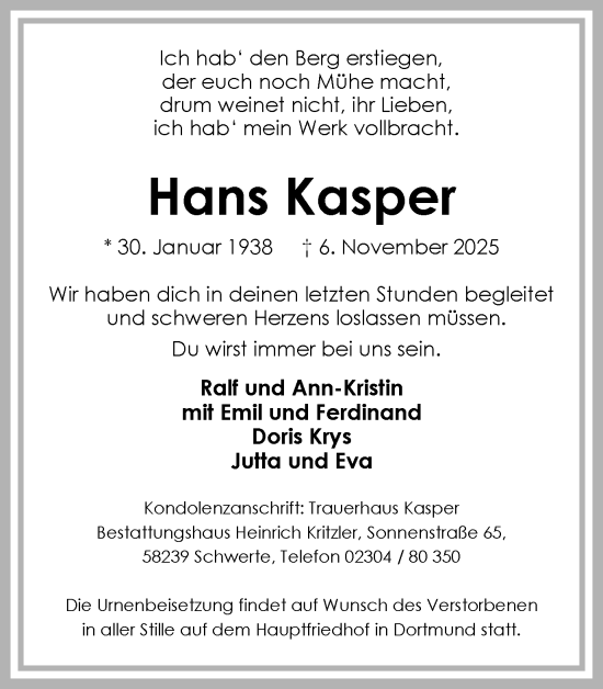 Traueranzeige von Hans Kasper von Ruhr Nachrichten