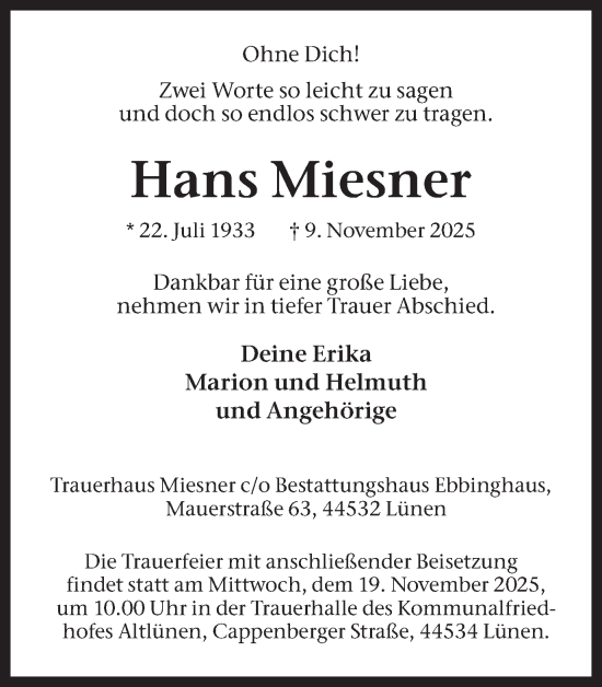 Traueranzeige von Hans Miesner von Lüner Anzeiger