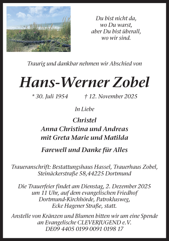 Traueranzeige von Hans-Werner Zobel von Ruhr Nachrichten