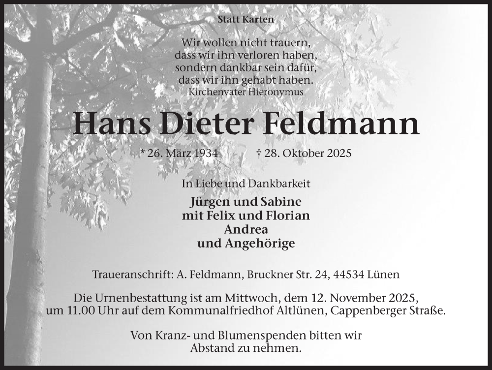  Traueranzeige für Hans Dieter Feldmann vom 08.11.2025 aus Lüner Anzeiger