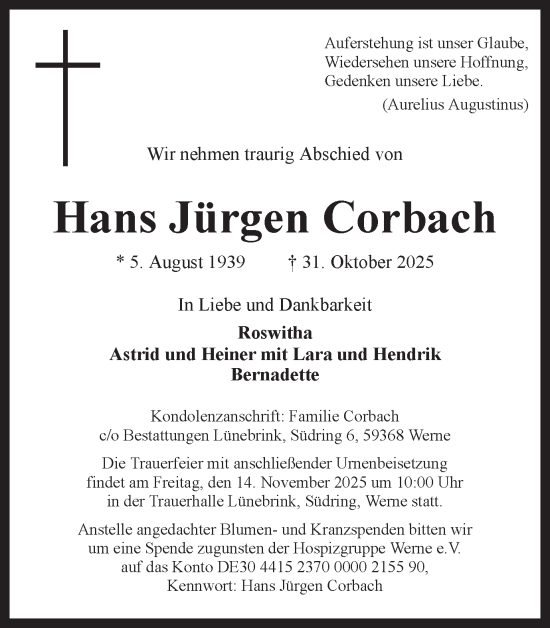 Traueranzeige von Hans Jürgen Corbach von Ruhr Nachrichten