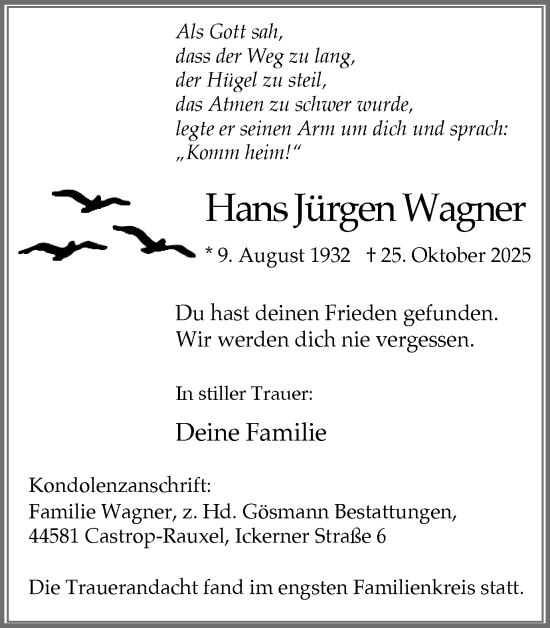 Traueranzeige von Hans Jürgen Wagner von Stadtanzeiger Castrop-Rauxel