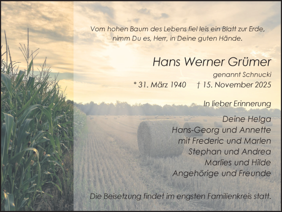 Traueranzeige von Hans Werner Grümer von Trauer Vest