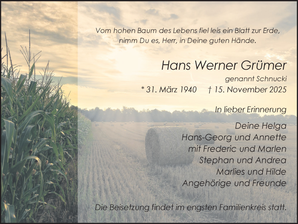  Traueranzeige für Hans Werner Grümer vom 22.11.2025 aus Ruhr Nachrichten und Dorstener Zeitung