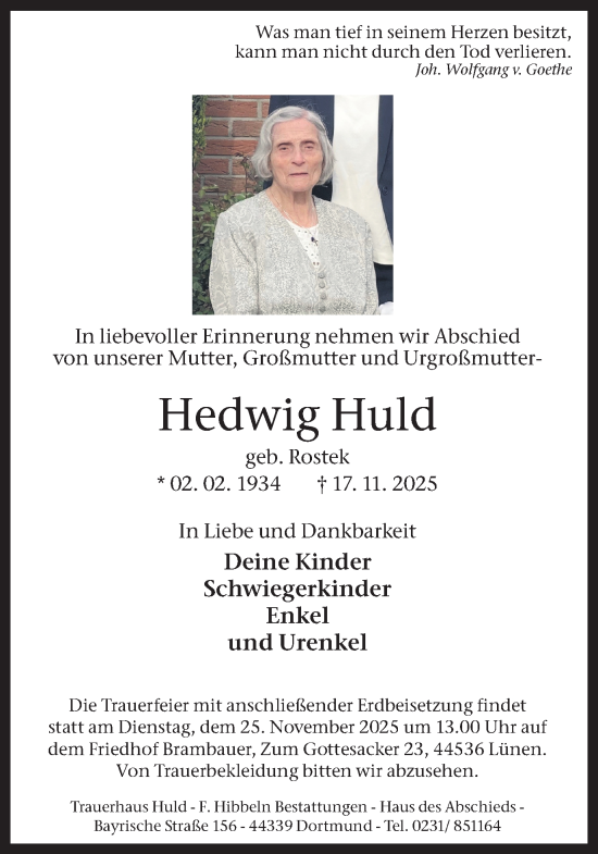 Traueranzeige von Hedwig Huld von Lüner Anzeiger