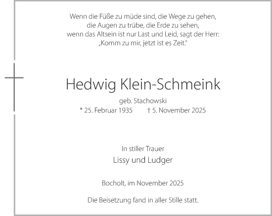 Traueranzeige von Hedwig Klein-Schmeink 