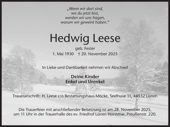 Traueranzeige von Hedwig Leese von Ruhr Nachrichten