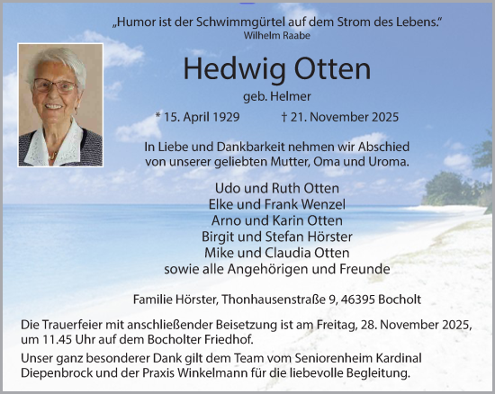 Traueranzeige von Hedwig Otten 