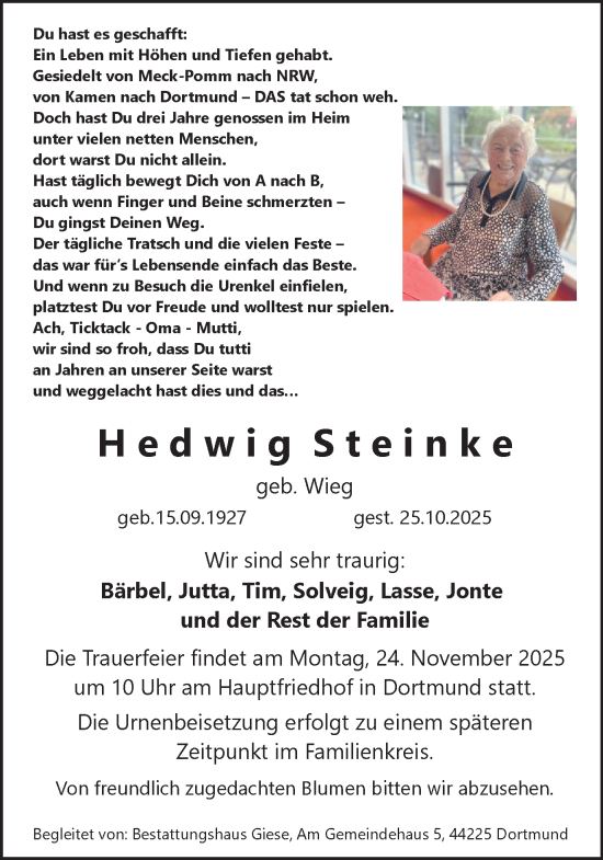 Traueranzeige von Hedwig Steinke von Hellweger Anzeiger