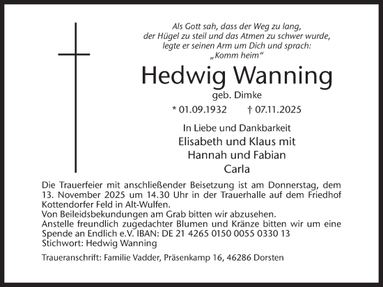 Traueranzeige von Hedwig Wanning von Ruhr Nachrichten und Dorstener Zeitung