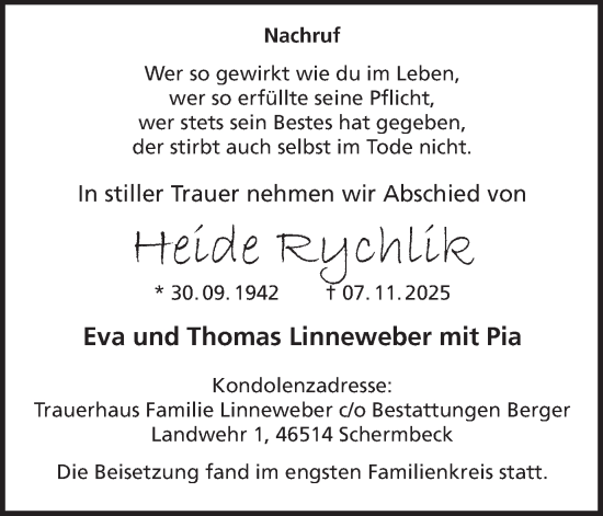 Traueranzeige von Heide Rychlik von Ruhr Nachrichten und Dorstener Zeitung
