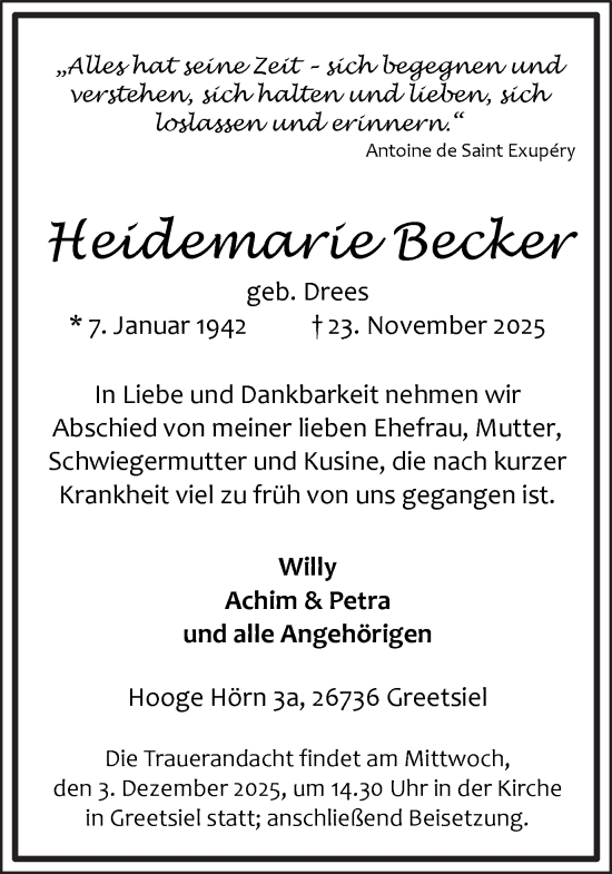 Traueranzeige von Heidemarie Becker von Ruhr Nachrichten