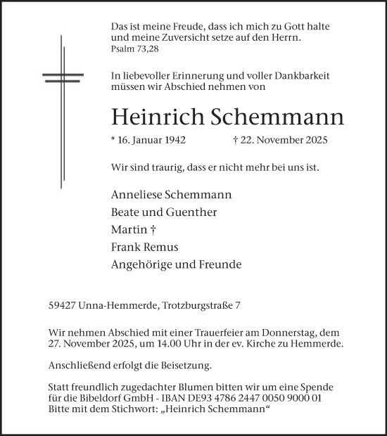 Traueranzeige von Heinrich Schemmann von Hellweger Anzeiger