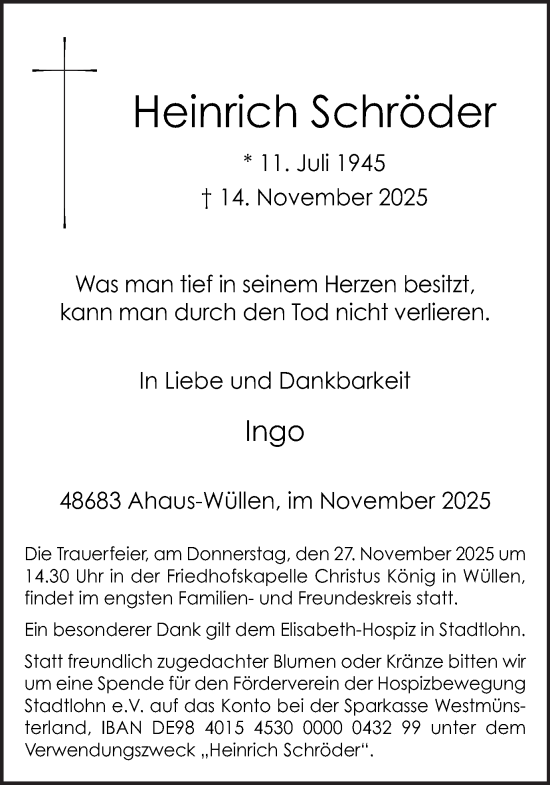 Traueranzeige von Heinrich Schröder von Münsterland Zeitung