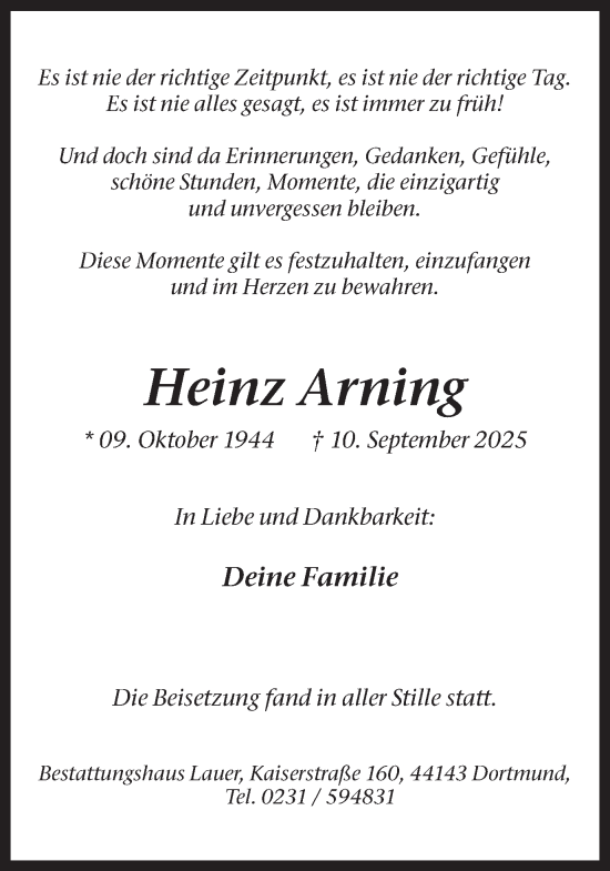 Traueranzeige von Heinz Arning von Ruhr Nachrichten