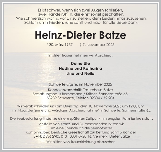 Traueranzeige von Heinz-Dieter Batze von Ruhr Nachrichten
