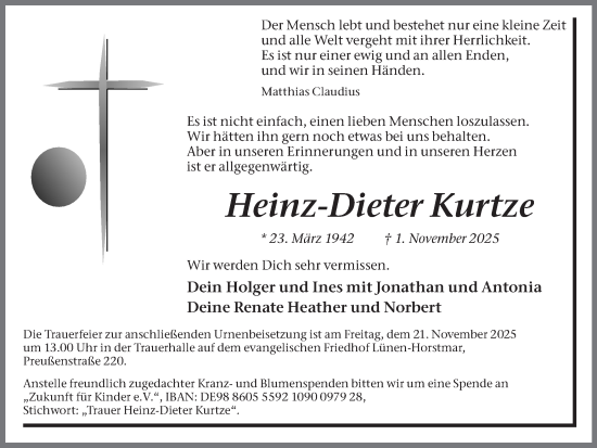 Traueranzeige von Heinz-Dieter Kurtze von Ruhr Nachrichten