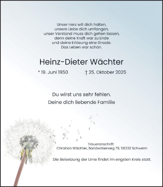 Traueranzeige von Heinz-Dieter Wächter von Trauer Vest