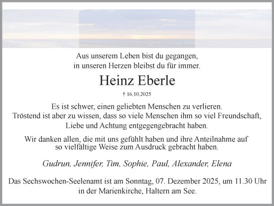 Traueranzeige von Heinz Eberle von Ruhr Nachrichten und Halterner Zeitung