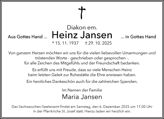 Traueranzeige von Heinz Jansen 