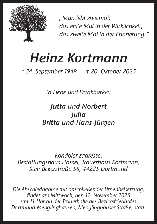 Traueranzeige von Heinz Kortmann von Ruhr Nachrichten