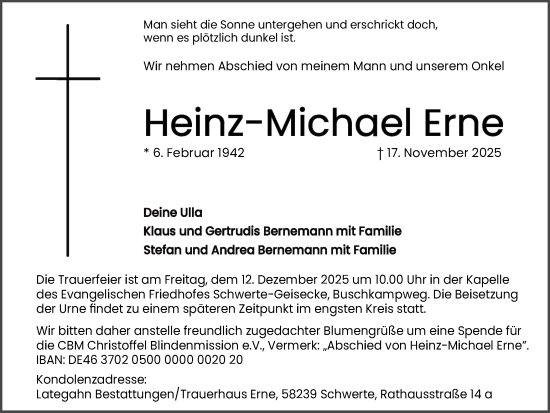 Traueranzeige von Heinz-Michael Erne von Ruhr Nachrichten