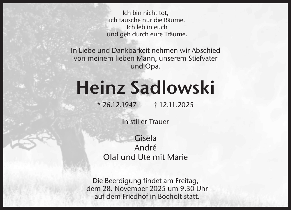  Traueranzeige für Heinz Sadlowski vom 24.11.2025 aus 