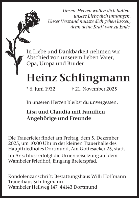 Traueranzeige von Heinz Schlingmann von Ruhr Nachrichten