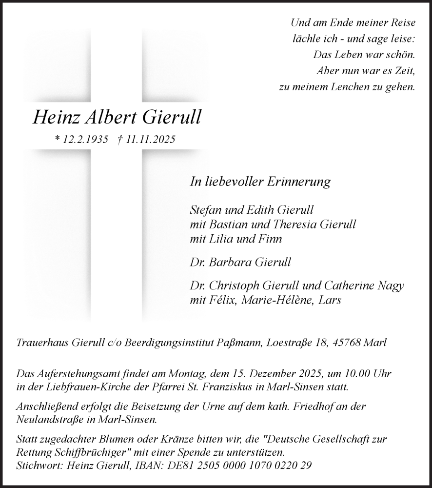  Traueranzeige für Heinz Albert Gierull vom 15.11.2025 aus Trauer Vest