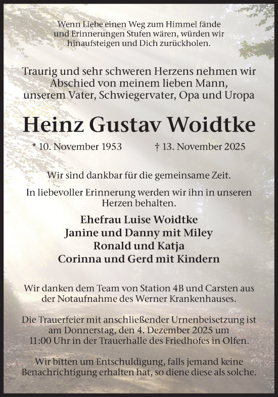 Traueranzeige von Heinz Gustav Woidtke von Lüner Anzeiger
