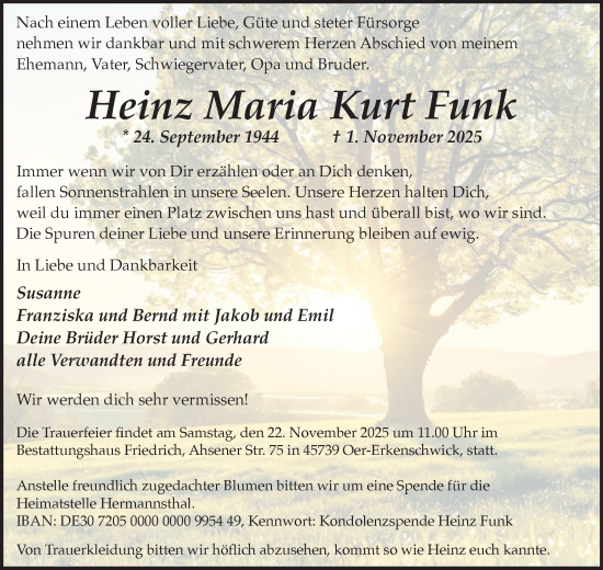Traueranzeige von Heinz Maria Kurt Funk von Trauer Vest