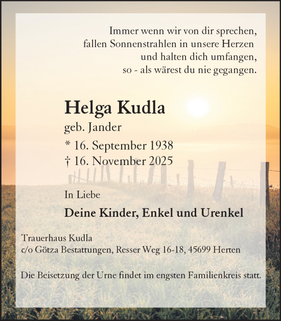 Traueranzeige von Helga Kudla von Trauer Vest