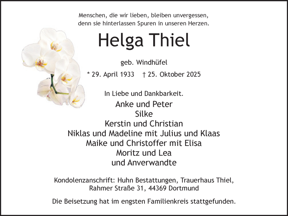  Traueranzeige für Helga Thiel vom 08.11.2025 aus Stadtanzeiger Castrop-Rauxel