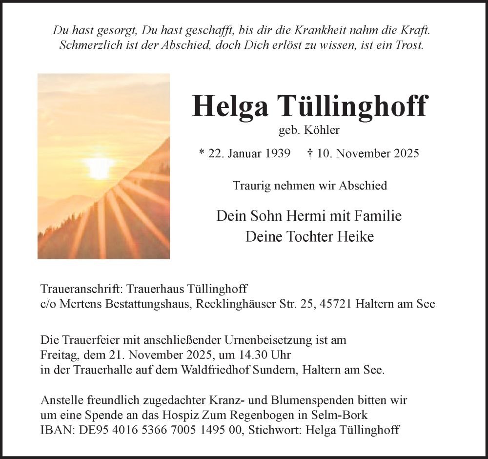  Traueranzeige für Helga Tüllinghoff vom 15.11.2025 aus Ruhr Nachrichten und Halterner Zeitung