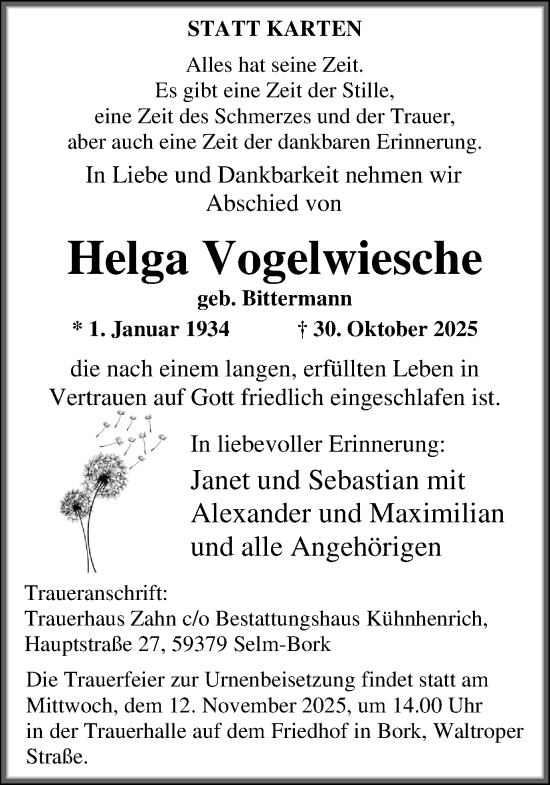 Traueranzeige von Helga Vogelwiesche von Lüner Anzeiger