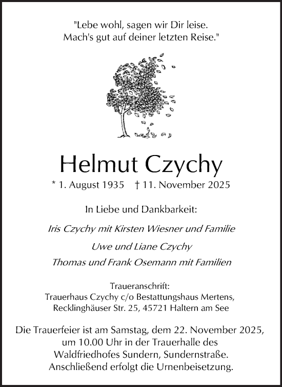 Traueranzeige von Helmut Czychy von Ruhr Nachrichten und Halterner Zeitung