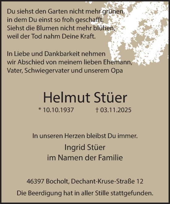 Traueranzeige von Helmut Stüer 